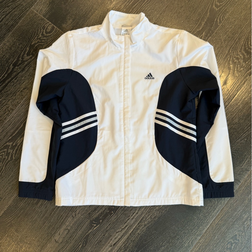adidas White Jacket with Navy Trim and Three Stripes